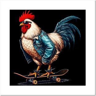 Retro cool rooster skateboarder Posters and Art